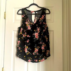 Black and Pink Floral Sleeveless Top with Keyhole Back